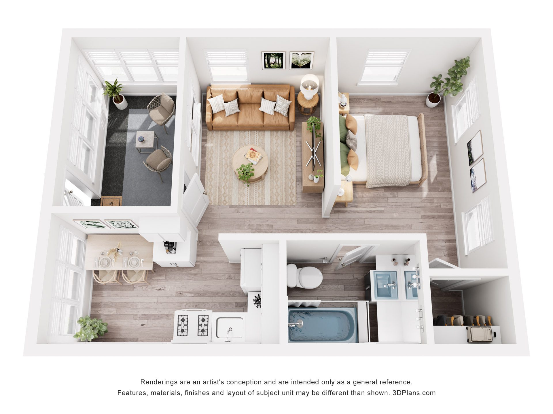 A 3D floor plan of a modern apartment with a living room, kitchen, and bathroom.