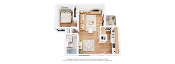 A 3D floor plan of a small apartment with a kitchen, living room, and bedroom.