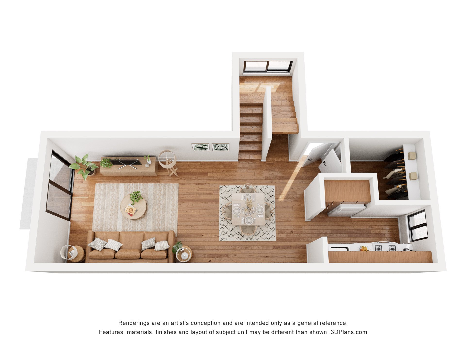 A 3D floor plan of a modern apartment with a living room, kitchen, and staircase.