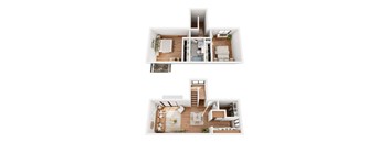 A top and bottom floor plan of a house with a staircase in the middle.