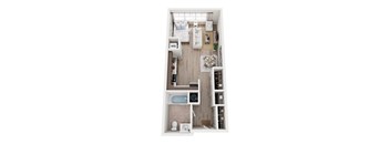 A top down view of a small apartment with a bedroom, bathroom, kitchen and living room.
