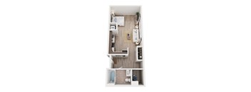 A top-down view of a small apartment with a bedroom, living room, and bathroom.