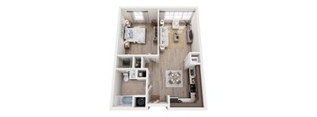 A top down view of a small apartment with a bedroom, living room, and kitchen.