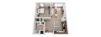A top down view of a small apartment with a bedroom, living room, and bathroom.