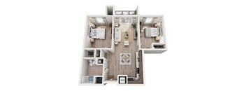 A top-down view of a small apartment layout with a living room, kitchen, and two bedrooms.