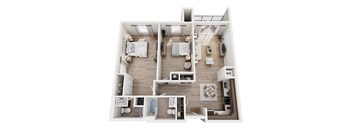 A top-down view of a small apartment layout with a kitchen, living room, and bathroom.