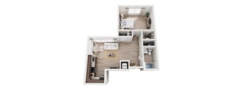 A top-down view of a small apartment with a living room, kitchen, and bedroom.