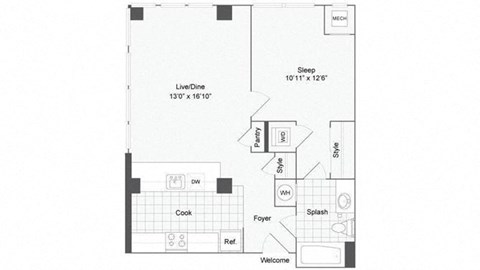 1 bedroom 1 bath floor plan F at Arrive Wheaton, Wheaton