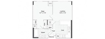 1 bedroom 1 bath floor plan E at Arrive Wheaton, Wheaton, Maryland