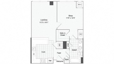 1 bedroom 1 bath floor plan I at Arrive Wheaton, Wheaton, MD, 20902