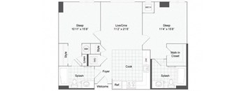 2 bedroom 2 bath floor plan at Arrive Wheaton, Wheaton, MD, 20902