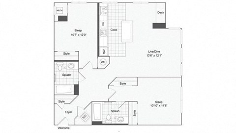 2 bedroom 2 bath floor plan D at Arrive Wheaton, Wheaton