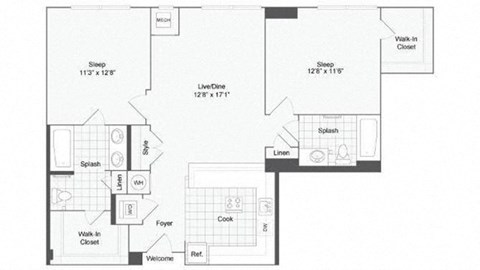2 bedroom 2 bath floor plan H at Arrive Wheaton, Wheaton, MD