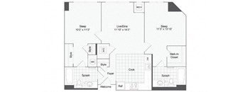 2 bedroom 2 bath floor plan A at Arrive Wheaton, Wheaton, MD