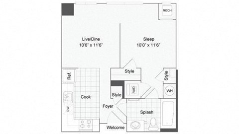 Studio 1 bath floor plan at Arrive Wheaton, Wheaton, MD, 20902