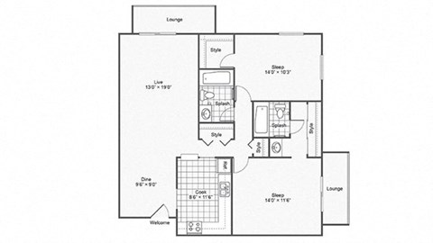 2 bed 2 bath floor plan B at Twelve 501 Apartment Homes, Burnsville, Minnesota