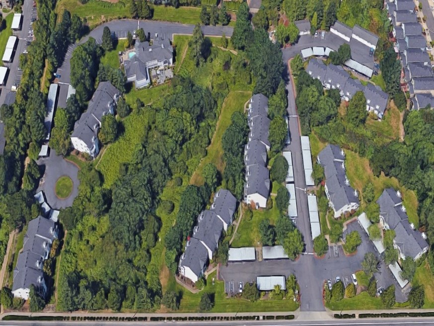 an aerial view of a neighborhood with houses and trees at Murrayhill Park, Beaverton, 97008