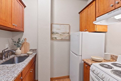 A kitchen with a white refrigerator, stove, and wooden cabinets.