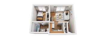 A top-down view of a small apartment with a bedroom, living room, and kitchen.