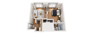 A top-down view of a small, neatly organized apartment with a kitchen, living room, and bedroom.