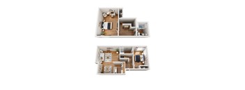 A top-down view of a two-story apartment with a living room, kitchen, and bedrooms.