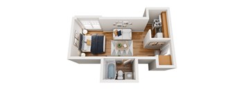 A top down view of a small apartment with a kitchen, living room, and bathroom.