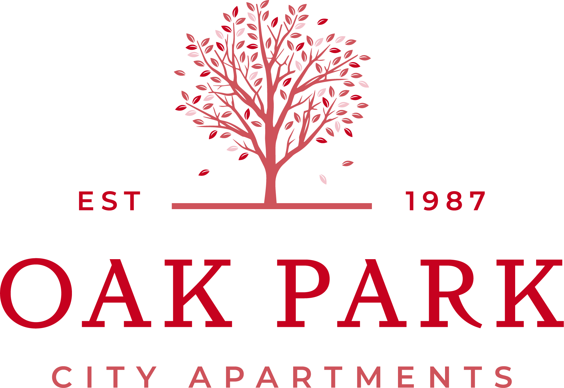 A logo for Oak Park City Apartments featuring a tree and the year 1987.