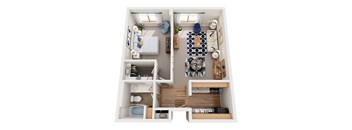 A top down view of a small apartment with a kitchen, living room, and bathroom.