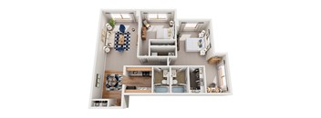A top-down view of a small apartment with a kitchen, living room, and bedroom.
