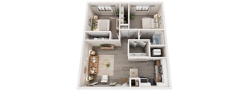 A top-down view of a well-organized apartment with a living room, kitchen, and bathroom.