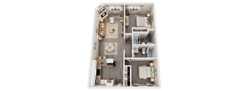 A top-down view of a small apartment with a kitchen, living room, and bathroom.