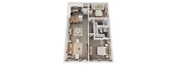 A top-down view of a small apartment with a living room, kitchen, dining area, and bedroom.