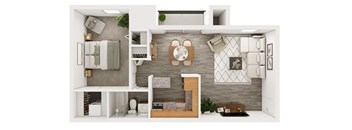 3D floorplan of a 1 bed 1 bath apartment