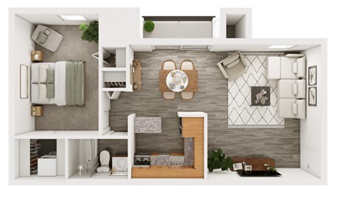 3D floorplan of a 1 bed 1 bath apartment