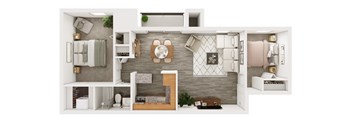 3D floorplan of a 2 bedroom apartment