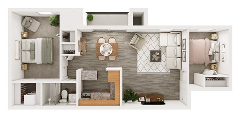 3D floorplan of a 2 bedroom apartment