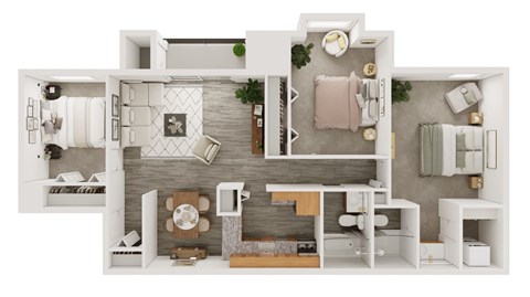 3D floorplan of a 3 bedroom apartment