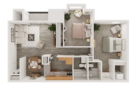 3D floorplan of a 2 bedroom apartment