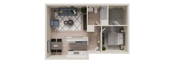 A top-down view of a small, neatly organized bathroom with a toilet, sink, and storage.