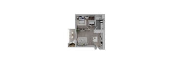 1 bedroom with a kitchen and island