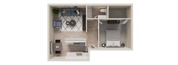 A top-down view of a small, modern apartment with a kitchen, living room, and bathroom.