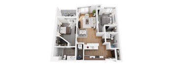 A top-down view of a modern apartment layout.