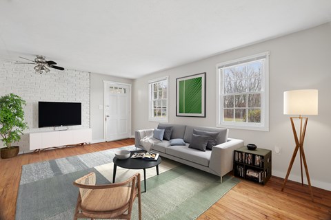A living room with a grey couch, a black coffee table, a white television, a ceiling fan, and a green rug.