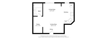 A floor plan of a small apartment with a study, two living areas, a kitchen, and a bath.