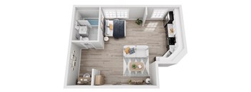 A top-down view of a modern, minimalist living space with a kitchen area.