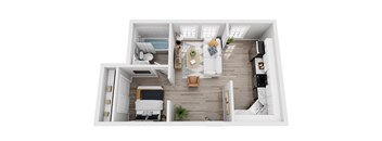 A top-down view of a modern, open-plan living space with a kitchen, dining area, and a bedroom.