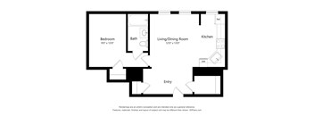 A floor plan of a home with a bedroom, bath, living/dining room, kitchen, and entry.