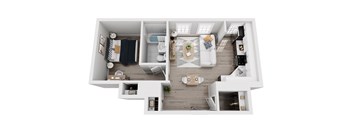 A top-down view of a modern apartment with a living room, kitchen, and bedrooms.