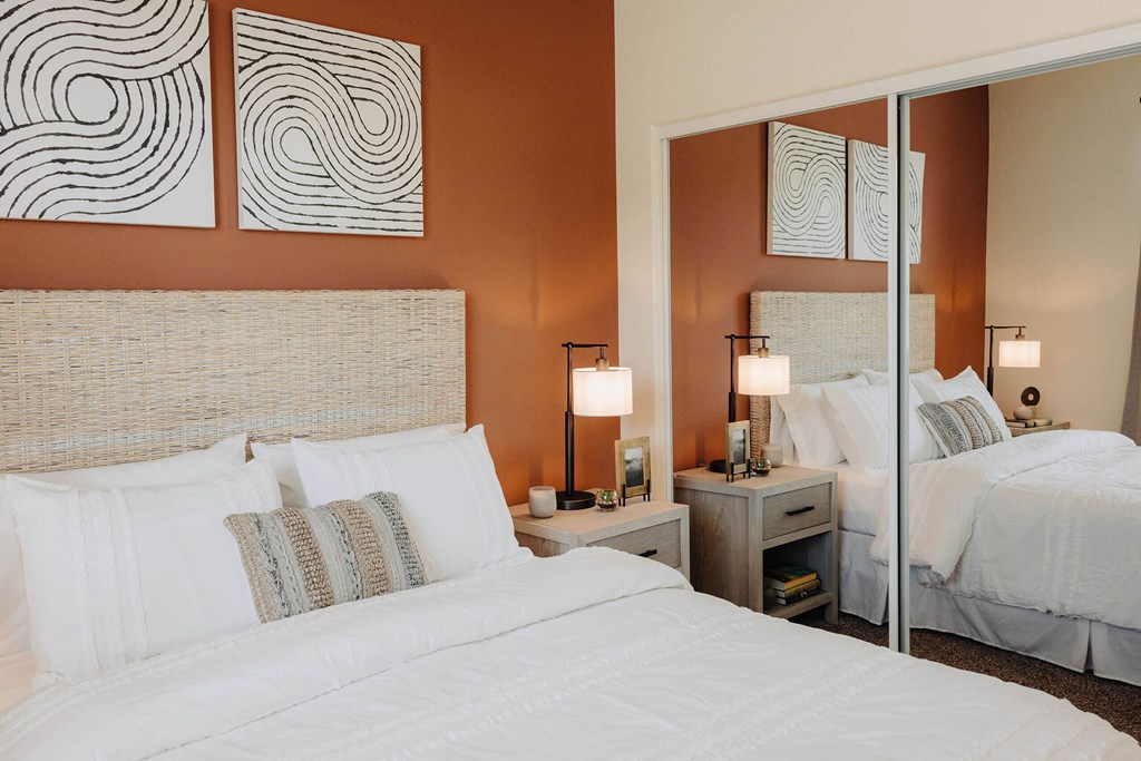 a bedroom with two beds and a mirror at Arrive Paso Robles, Paso Robles, CA, 93446