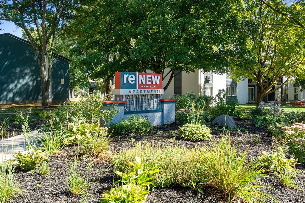 A sign that says "reNEW" is in front of a building.